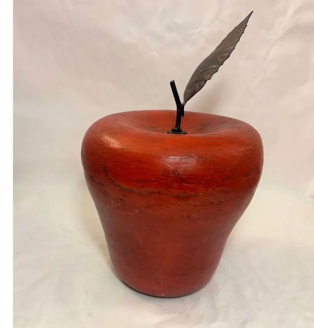 Large Red Wood Apple Hand turned Sculpture w/ Iron Leaf Distressed Finish